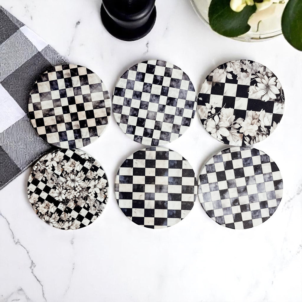 handmade courtly check ceramic coasters black white checkered gingham pattern floral design cork backing luxury
dark academia ceramic coasters courtly check black white checkered pattern luxury floral cork back decor